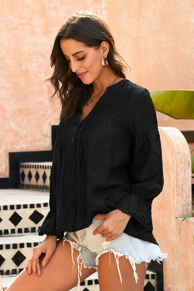 Black Rekindle Eyelet Button Down Top