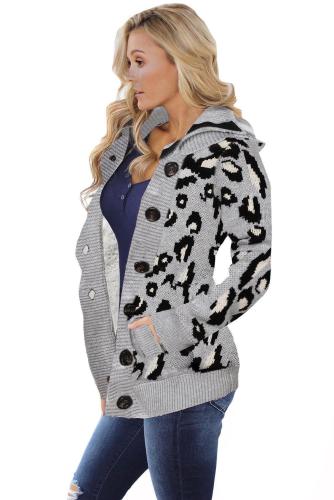 Gray Long Sleeve Button-up Hooded Leopard Print Cardigan
