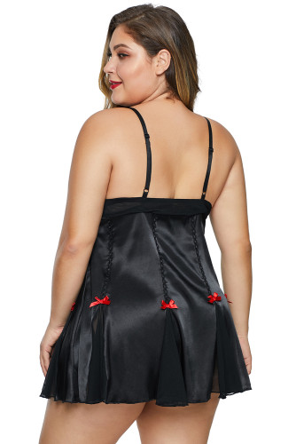 Black Lace Cup Satin Tulle Plus Size Babydoll with Bowknot