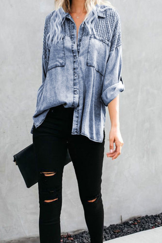 Sky Blue Be A Rockstar Vintage Washed Button Down Top