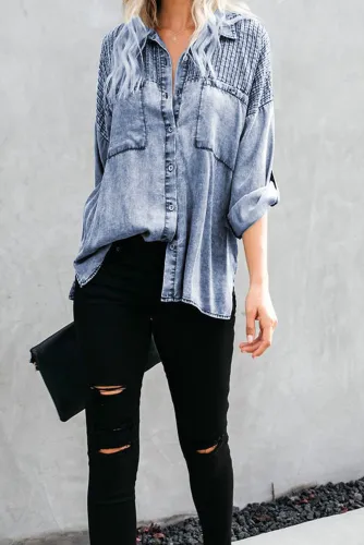 Sky Blue Be A Rockstar Vintage Washed Button Down Top