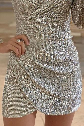 Silver Surplice Wrap Ruched Sequin Bodycon Dress