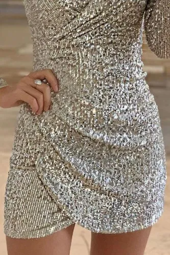 Silver Surplice Wrap Ruched Sequin Bodycon Dress
