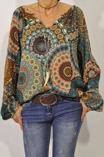 Multicolor Color Block Casual V-Neckline Long Sleeve Blouse