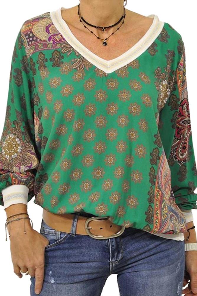 Green Vintage Print V Neck Sweatshirt