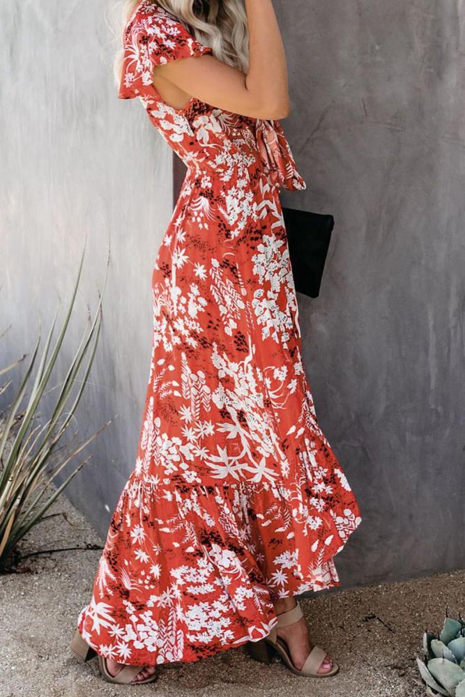 Red Floral High Low Pocketed Tie Maxi Dress