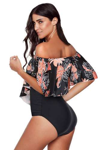 Black Printed Off Shoulder Flounce Overlay One-piece Swimwear