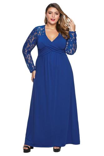 Blue Lace Sleeve Cross Wrap Bust Ruched Back Plus Size Dress