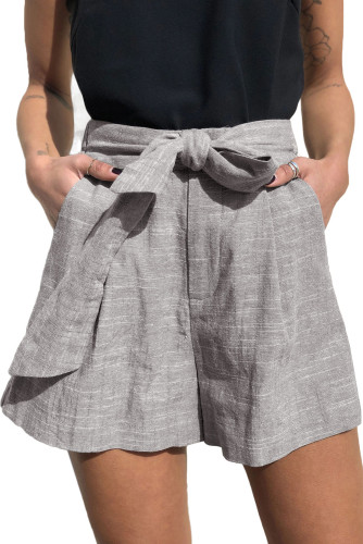 Gray Tie Waist Casual Linen Shorts with Pockets