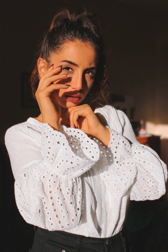 White Rekindle Eyelet Button Down Top