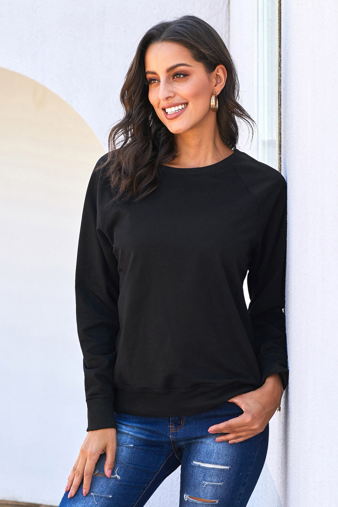 Black French Terry Cotton Blend Pullover Sweatshirt