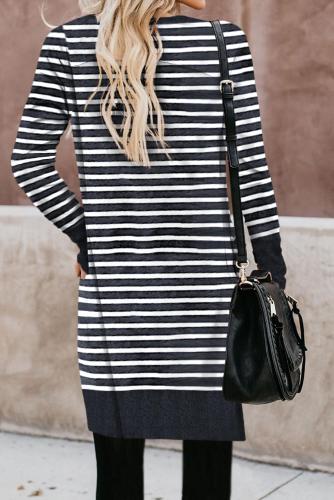 Black Striped Button Down Open Front Cardigan