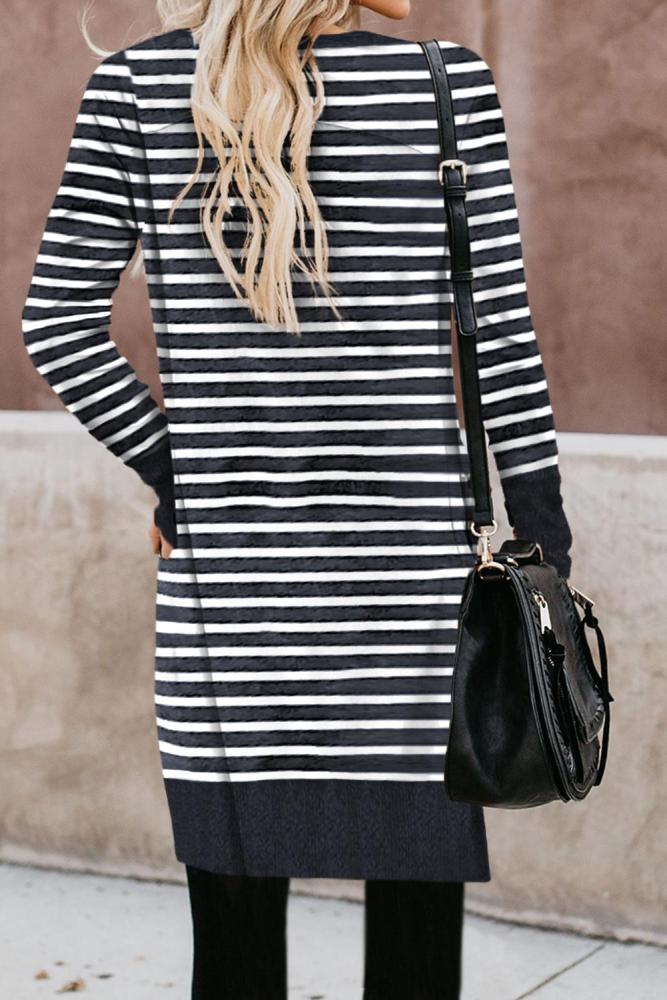 Black Striped Button Down Open Front Cardigan