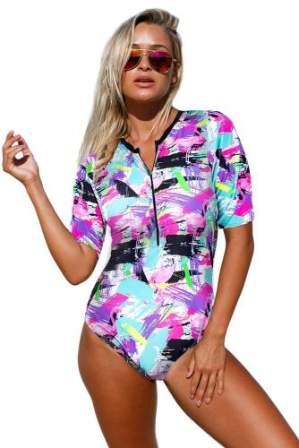 Rose Print Zip Front Half Sleeve One Piece Swimsuit
