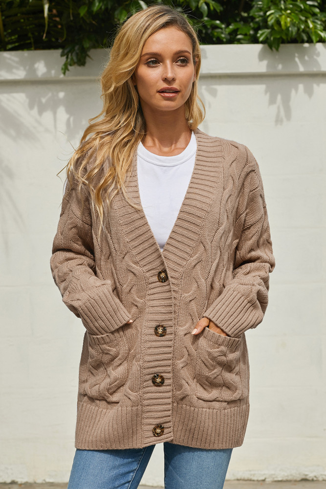 Khaki Open Front Button Down Knit Cardigan Coat
