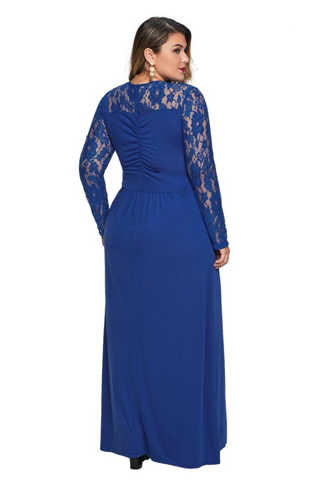 Blue Lace Sleeve Cross Wrap Bust Ruched Back Plus Size Dress
