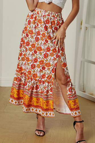 Orange Floral Print Maxi Skirt