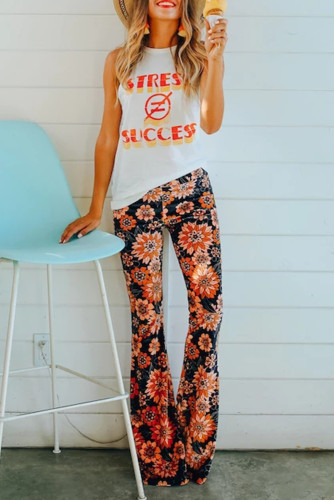 Black Retro Floral Print Flare Pants