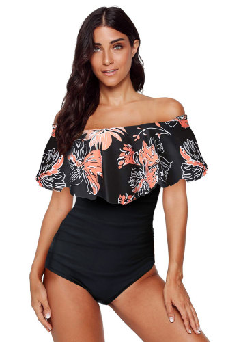 Black Printed Off Shoulder Flounce Overlay One-piece Swimwear