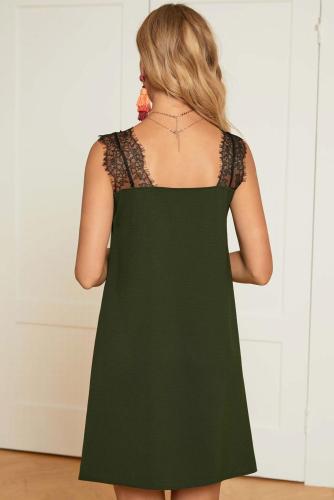Green V Neck Lace Shoulder Sleeveless Mini Dress