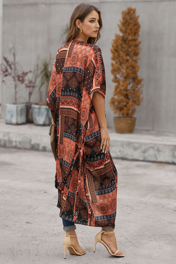 Orange Bohemian Style Tie Kimono