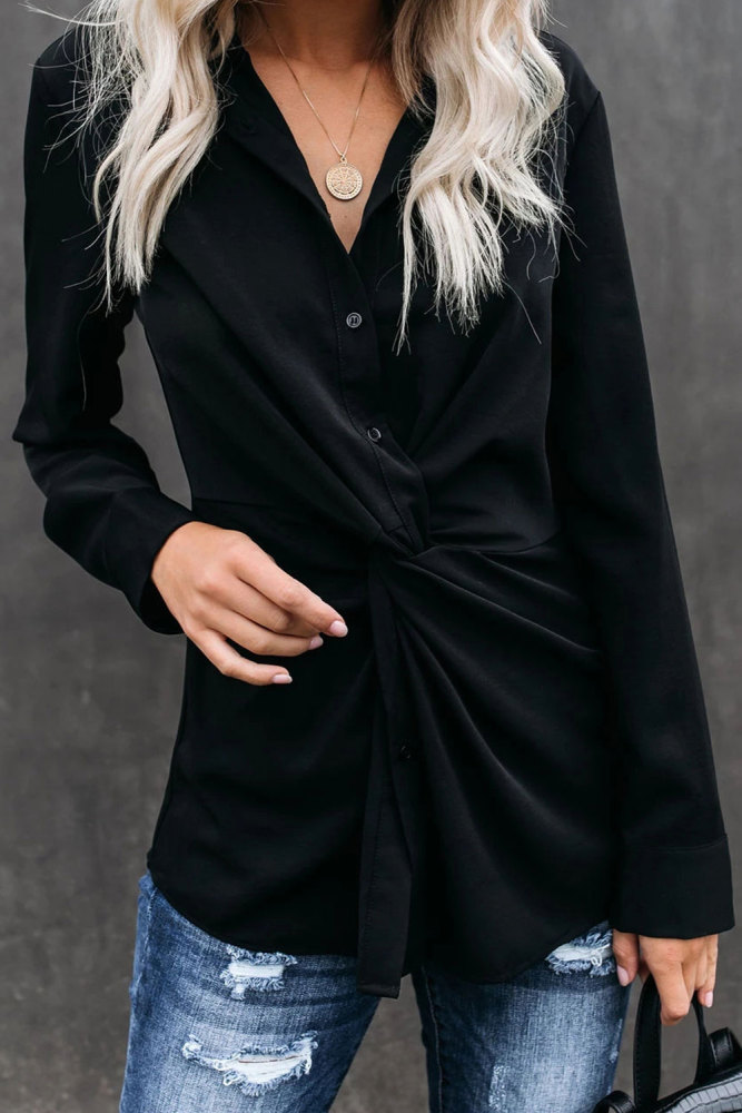 Black Button Down Twist Blouse