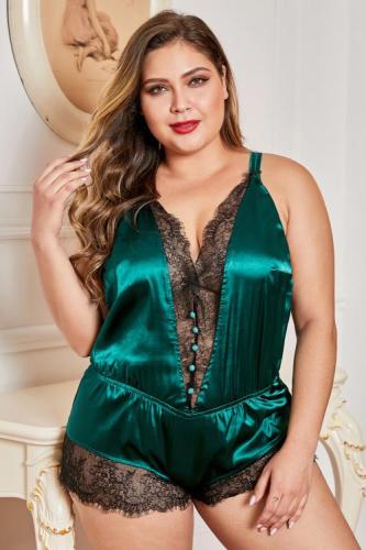 Green Plus Size Lace Detail V Neck Teddy Lingerie