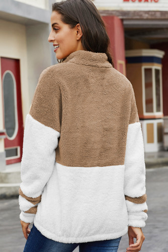 White Colorblock Furry Zipped Pullover Sweatshirt Outwear
