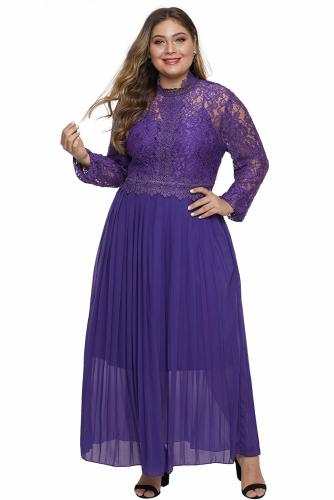 Purple High Neck Long Sleeve Lace Top Plus Size Maxi Dress
