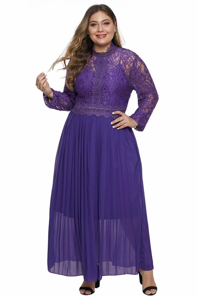 Purple High Neck Long Sleeve Lace Top Plus Size Maxi Dress