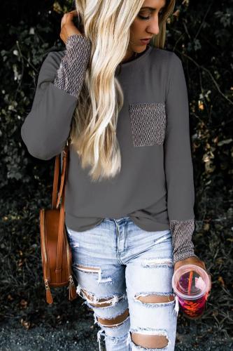 Gray Chevron Print Pocket and Sleeve Cuffs Top