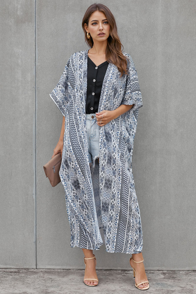 White Black Bohemian Style Tie Kimono