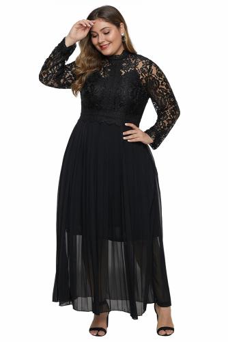 Black High Neck Long Sleeve Lace Top Plus Size Maxi Dress