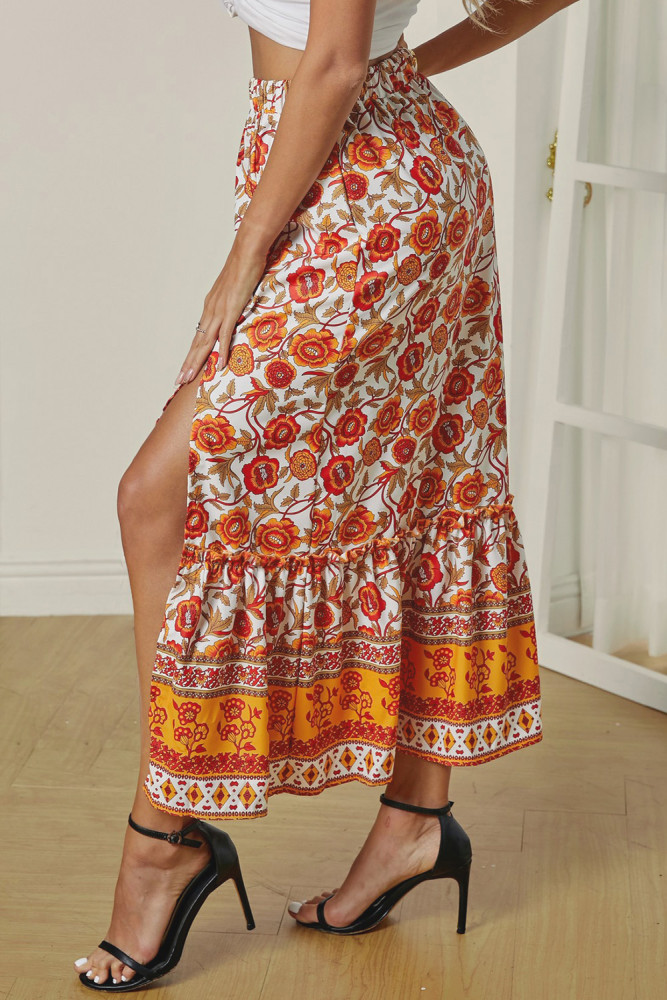 Orange Floral Print Maxi Skirt