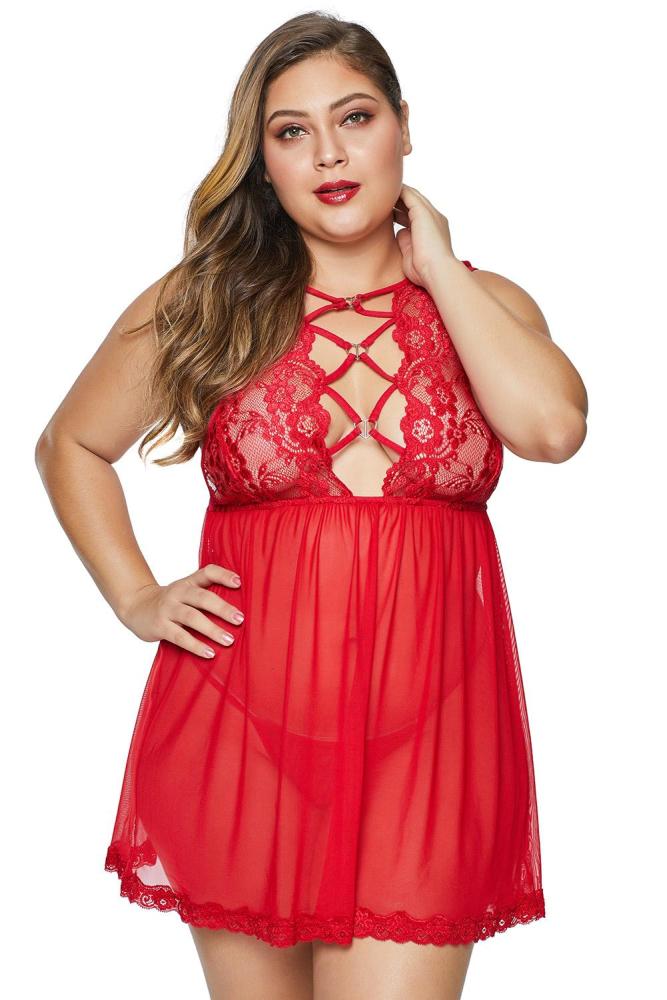 Red Hollow-out Bust Lace Upper Open Back Plus Size Babydoll