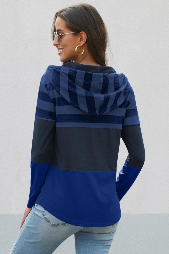 Blue Speak to Me Color Block Drawstring Hoodie