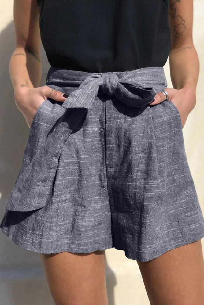 Blue Tie Waist Casual Linen Shorts with Pockets