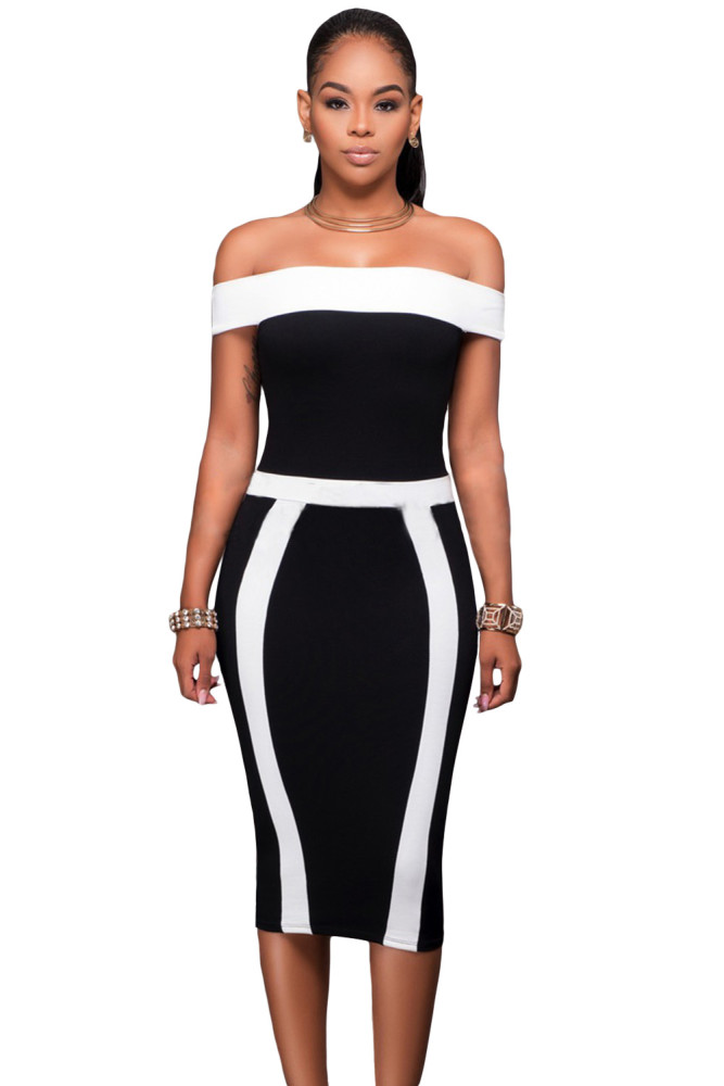 Black White Patchwork Bandeau Boat Neck Off Shoulder Midi Dress