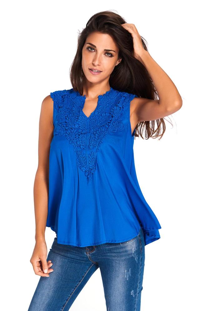 Blue Embroidered Applique V Neck Blouse Top