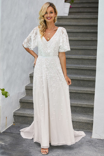 Boho V Neck Lantern Ruffle Sleeve Lace Wedding Dress