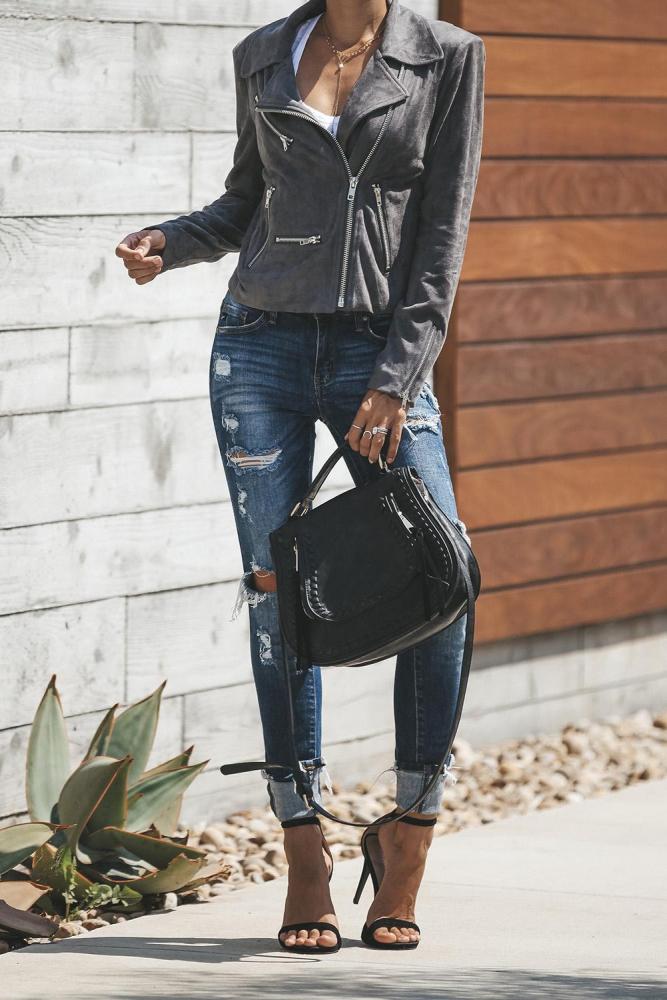 Dark Gray Zipped Notch Collar Short Jacket