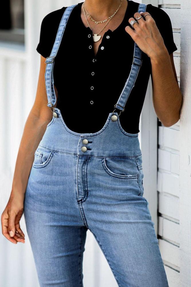 Sky Blue Bell Bottom Pocketed Denim Overalls