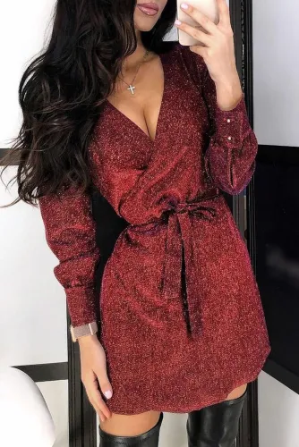 Red Wrap Metallic Dress with Belt