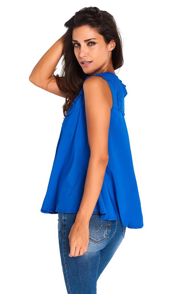 Blue Embroidered Applique V Neck Blouse Top