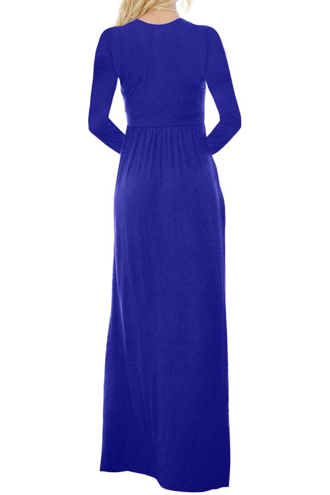 Royal Blue V Neck Pocket Style Long Jersey Dress