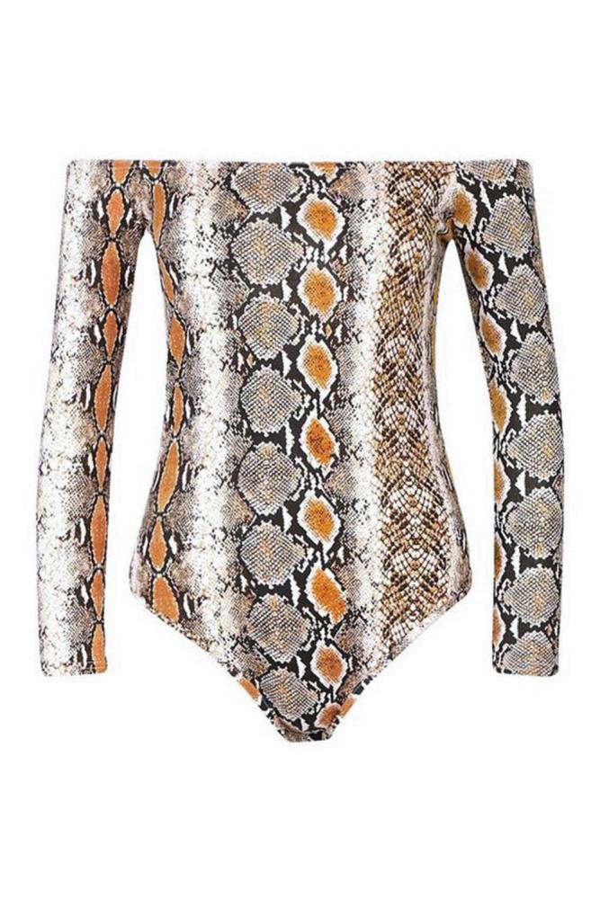 Off Shoulder Snake Print Bodysuit