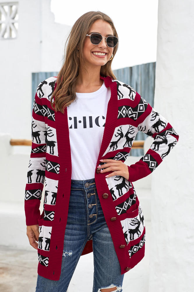 Red Elk Printed Long Sleeves Knitting Mid-length Christmas Cardigan