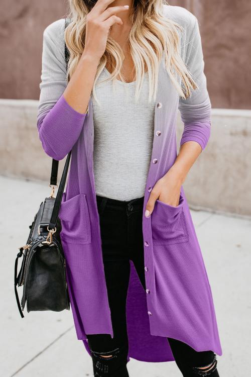 Purple Ombre Button Down Pocketed High Low Cardigan