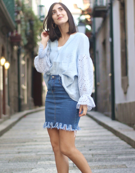 Sky Blue Rekindle Eyelet Button Down Top