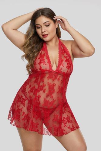 Red Open Back Floral Lace Plus Size Lingerie